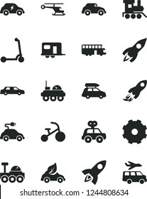 Solid Black Vector Icon Set - truck lorry vector, motor vehicle present, baby toy train, tricycle, child Kick scooter, eco car, electric, transport, retro, rocket, space, lunar rover, helicopter