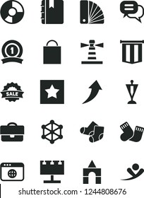 Solid Black Vector Icon Set - paper bag vector, warm socks, Knitted, box of bricks, color samples, notebook, lighthouse, billboard with illumination, portfolio, ring diagram, sale, browser, 3d cube