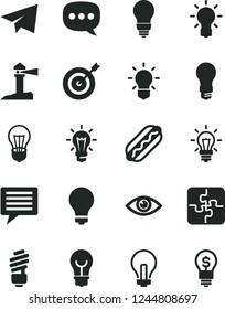 Solid Black Vector Icon Set - image of thought vector, matte light bulb, incandescent lamp, paper airplane, Puzzles, saving, eye, Hot Dog, coastal lighthouse, speech, target, idea