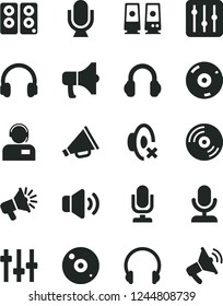 Solid Black Vector Icon Set - desktop microphone vector, horn, silent mode, headphones, CD, regulator, volume, operator, megaphone, loudspeaker, pc speaker, settings