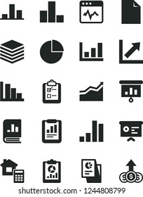 Solid Black Vector Icon Set - clean sheet of paper vector, pie chart, bar, growth, positive histogram, estimate, cardiogram, pile, survey, statistical report, overview, book on statistics, research