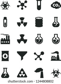 Solid Black Vector Icon Set - round flask vector, manufacture, factory, oil, barrel, industrial building, radiation, carbon dyoxide, filter, test tube, molecule, nuclear, biohazard