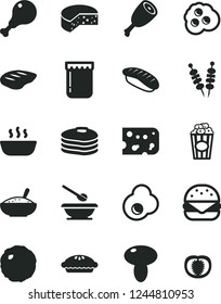 Solid Black Vector Icon Set - plates and spoons vector, piece of cheese, fried vegetables on sticks, big burger, mushroom, pie, a bowl rice porridge, hot, chicken leg, thigh, chop, cabbage, egg, jam