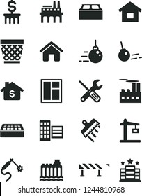 Solid Black Vector Icon Set - wicker pot vector, house, dwelling, big core, window, small tools, city block, brick, building, spatula, road fence, hydroelectricity, industrial, enterprise, mortgage