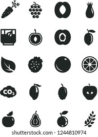 Solid Black Vector Icon Set - a glass of tea vector, strawberries, orange, half apricot, large grape, tasty apple, rose hip, blueberry, mulberry, mango, peach, cherry, lemon, juicy, part guava, leaf