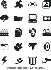 Solid Black Vector Icon Set - lightning vector, clean paper, loudspeaker, radiator, picture, storm cloud, move left, water filter, computer, gpu card, folder, satellite, globe, biology, resistor