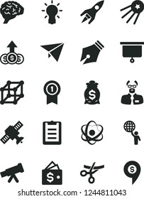 Solid Black Vector Icon Set - telescope vector, atom, bulb, brain, satellite, scientist, clipboard, rocket, presentation board, 3d cube, ink pen, man hold world, medal with pennant, money bag, first