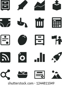 Solid Black Vector Icon Set - bedside table vector, rss feed, line chart, nappy, dust bin, nightstand, unpacking, lettuce in a plate, coconut, steel production, connections, bar, text highlighter