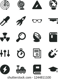 Solid Black Vector Icon Set - book vector, scientific publication, electricity, glasses, nuclear, zoom, settings, pipette, globe, magnet, graduate hat, radar, satellite antenna, rocket, lunar rover