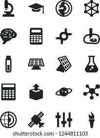 Solid Black Vector Icon Set - unpacking vector, flask, test tube, microscope, molecule, dna, brain, settings, satellite, graduate hat, calculator, artifical insimination, earth core, sun panel