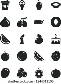 Solid Black Vector Icon Set - cake slice vector, torte, a plate of milk, coffe to go, cone, strawberries, orange, fig, blueberries, mulberry, tasty cornels, water melon, half peach, plum, cherry