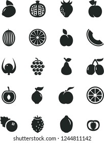 Solid Black Vector Icon Set - blueberries vector, apple, pear, peach, ripe, half pomegranate, large grape, quince, strawberry, tasty raspberry, cornels, melon, slice of, cherry, yellow lemon, juicy