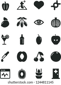 Solid Black Vector Icon Set - heart symbol vector, measuring bottle for feeding, temperature, eye, cardiogram, cocktail, mint, cherry, half pomegranate, tasty apple, mulberry, goji berry, peach, dna