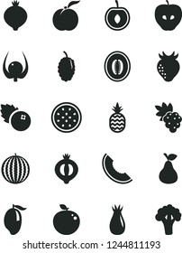 Solid Black Vector Icon Set - blueberries vector, a pineapple, pear, ripe peach, grape, tasty apple, strawberry, rose hip, medlar, half of, mulberry, water melon, slice, mango, cherry, passion fruit