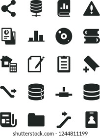 Solid Black Vector Icon Set - warning vector, add bookmark, folder, books, estimate, big data, server, notes, connection, chart, book on statistics, statistical research, morning paper, cd, connect