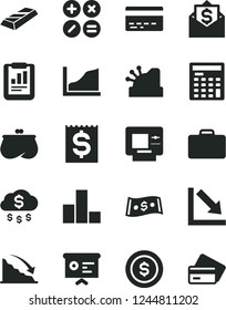 Solid Black Vector Icon Set - bank card vector, bar chart, negative, math actions, recession, statistical report, financial item, purse, dollar, engineer calculator, cashbox, growth graph, gold, atm