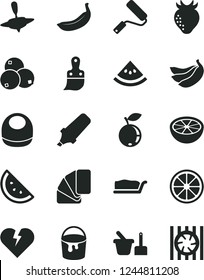Solid Black Vector Icon Set - baby bib vector, toy sand set, small yule, paint bucket, new roller, sample of colour, plastic brush, broken heart, cake slice, orange, strawberry, blueberry, banana