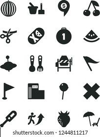 Solid Black Vector Icon Set - wind direction indicator vector, cross, pennant, electronic thermometer e, tumbler, toy sand set, plastic fork spoons, yule, concrete mixer, Chupa Chups, cherry