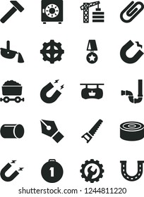Solid Black Vector Icon Set - tower crane vector, hand saw, siphon, gear, hammer, strongbox, clip, canned goods, magnet, horseshoe, pipe, steel production, trolley with coal, ink pen, star, luck
