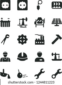 Solid Black Vector Icon Set - builder vector, workman, concrete mixer, adjustable wrench, power socket type f, construction helmet, plummet, hammer, core, solar panel, oil derrick, working, battery