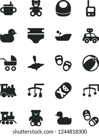 Solid Black Vector Icon Set - toys over the cradle vector, cot, mug for feeding, diaper, baby bib, carriage, rubber duck, duckling, bath ball, children's bathroom, motor vehicle present, tumbler