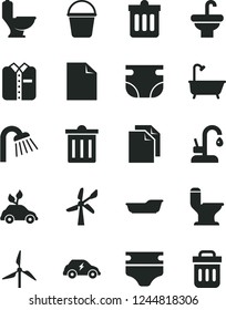 Solid Black Vector Icon Set - bin vector, clean sheet of paper, diaper, nappy, bath, bucket, washbasin, toilet, comfortable, shower, kitchen faucet, dust, folded shirt, windmill, wind energy, trash