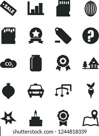 Solid Black Vector Icon Set - remove label vector, negative histogram, question, toys over the cot, car, birthday cake, medlar, melon, radish, CO2, jar, season sale, sd card, medal, bang, map