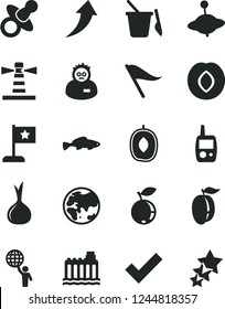 Solid Black Vector Icon Set - wind direction indicator vector, check mark, dummy, toy mobile phone, children's sand set, yule, small fish, plum, blueberry, delicious, ripe, onion, planet, lighthouse