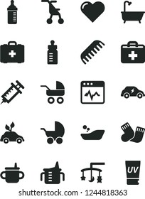 Solid Black Vector Icon Set - first aid kit vector, toys over the cradle, mug for feeding, measuring cup, bottle, baby stroller, carriage, sitting, children's bathroom, comb, warm socks, medical bag