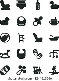 Solid Black Vector Icon Set - toys over the cradle vector, dummy, mug for feeding, measuring bottle, diaper, bib, baby, rattle, chair, car child seat, rubber duck, duckling, bath ball, tumbler, a