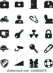 Solid Black Vector Icon Set - Baby chair vector, safety pin, open, bag of a paramedic, medical, workman, key, ntrance door, helmet, lock, cardboard box, autopilot, nuclear, stairway, atm, shield