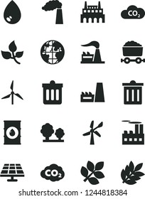 Solid Black Vector Icon Set - bin vector, dust, drop, solar panel, leaves, windmill, wind energy, manufacture, factory, oil, trees, industrial building, thermal power plant, CO2, carbon dyoxide