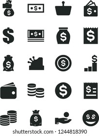 Solid Black Vector Icon Set - dollar vector, coins, shopping basket, article on the, financial item, catch a coin, wallet, money, dollars, cash, cashbox, bag hand, pedestal, eyes