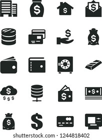 Solid Black Vector Icon Set - purse vector, dollar, buildings, big data server, strongbox, cards, front of the bank card, column coins, get a wage, wallet, money, dollars, cash, gold bar, rain, bag