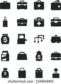 Solid Black Vector Icon Set - briefcase vector, paper bag, first aid kit, toys over the cot, medical, portfolio, suitcase, package, wallet, purse, money, dollars, hand, rolling, baggage scanner