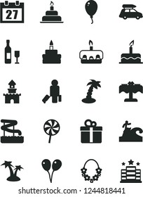 Solid Black Vector Icon Set - daily calendar vector, colored air balloons, balloon, cake, birthday, gift, torte, lollipop, sand castle, wine, car baggage, passenger, palm tree, hawaii wreath, hotel