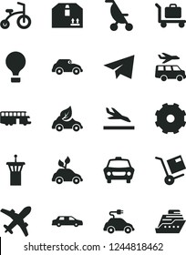 Solid Black Vector Icon Set - truck lorry vector, paper airplane, summer stroller, child bicycle, car, cardboard box, shipment, eco, environmentally friendly transport, electric, retro, limousine