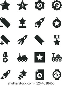 Solid Black Vector Icon Set - add bookmark vector, remove label, star gear, rocket, space, lunar rover, reward, medal, hero, certificate, dollar, three stars, starfish, compass