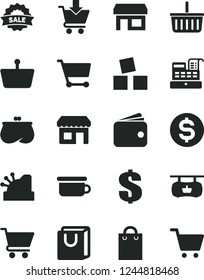 Solid Black Vector Icon Set - grocery basket vector, dollar, children's potty, cubes for children, cart, put in, bag with handles, kiosk, stall, shopping, antique advertising signboard, wallet, sale