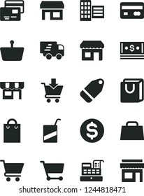 Solid Black Vector Icon Set - vector e, city block, cart, put in, bag with handles, cards, kiosk, label, stall, shopping basket, reverse side of a bank card, dollar, cash, hand, Express delivery