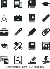 Solid Black Vector Icon Set - briefcase vector, graphite pencil, yardstick, e, portfolio, buildings, writing accessories, drawing, calculation, clip, scribed compasses, text highlighter, patente