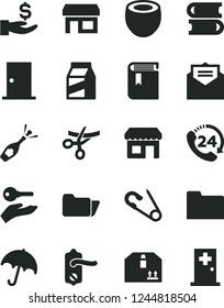 Solid Black Vector Icon Set - book vector, open pin, books, door knob, ntrance, received letter, umbrella, cardboard box, 24, package, half of coconut, kiosk, stall, get a wage, folder, arm with key