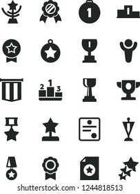 Solid Black Vector Icon Set - pedestal vector, medal, patente, winner, prize, award, gold cup, star, reward, pennant, first place, hero, certificate, flag, three stars