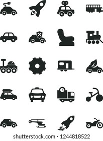 Solid Black Vector Icon Set - truck lorry vector, Baby chair, motor vehicle, present, toy train, tricycle, car, delivery, eco, electric, retro, autopilot, space rocket, lunar rover, helicopter, bus