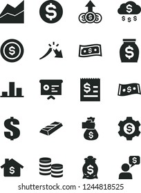 Solid Black Vector Icon Set - dollar vector, line chart, coins, a crisis, article on the, money, financial report, gold bar, bag hand, rain, coin, mortgage, gear, growth, dialog
