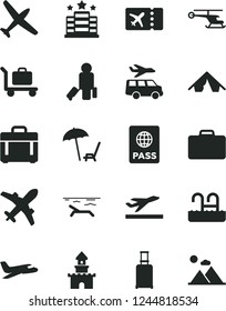 Solid Black Vector Icon Set - case vector, passport, sand castle, helicopter, plane, passenger, suitcase, rolling, ticket, departure, tent, beach, arnchair under umbrella, pool, baggage, hotel