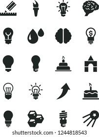 Solid Black Vector Icon Set - matte light bulb vector, box of bricks, birthday cake, drawing, honeycombs, drop, energy saving, brain, flame torch, arrow up, idea, first satellite
