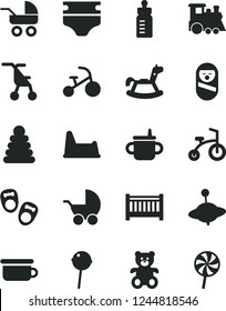Solid Black Vector Icon Set - baby cot vector, mug for feeding, bottle, diaper, stroller, carriage, sitting, stacking rings, roly poly doll, children's potty, chair, teddy bear, train, yule
