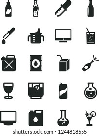 Solid Black Vector Icon Set - measuring cup for feeding vector, packing of juice with a straw, screen, glass soda, tea, can, bottle, liquor, round flask, oil, canister, monitor, pipette, champagne