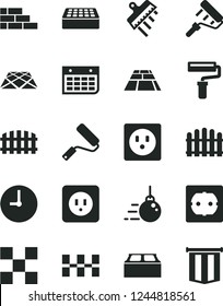 Solid Black Vector Icon Set - paint roller vector, brick wall, big core, new, power socket type b, f, tile, ceramic tiles, building block, spatula, fence, hedge, paving slab, pavement, clock